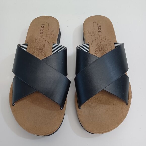 IZOD Sandals Black Tan Alyssa Criss Cross Slip On Open Toe Flats Womens 6 M - Picture 6 of 15